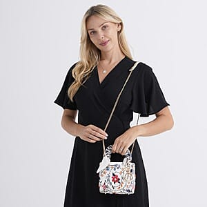 The Grand Pelle White Genuine Leather Embroidery Multicolor Flower A with Beads Crossbody Bag with Scarf