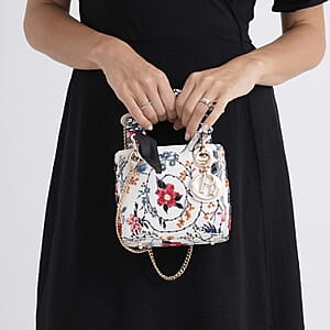 The Grand Pelle White Genuine Leather Embroidery Multicolor Flower A with Beads Crossbody Bag with Scarf