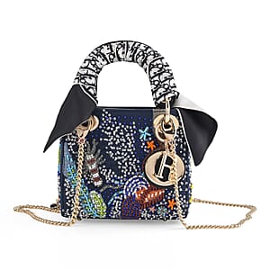 The Grand Pelle Blue Genuine Leather Embroidery Multicolor Marine Animals with Beads Crossbody Bag with Scarf