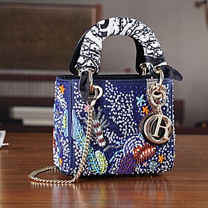 The Grand Pelle Blue Genuine Leather Embroidery Multicolor Marine Animals with Beads Crossbody Bag with Scarf
