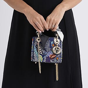 The Grand Pelle Blue Genuine Leather Embroidery Multicolor Marine Animals with Beads Crossbody Bag with Scarf