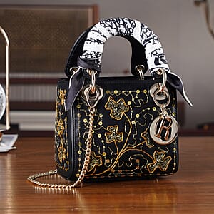 The Grand Pelle Black Genuine Leather Embroidery Flower with Sequins Crossbody Bag with Scarf