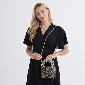 The Grand Pelle Black Genuine Leather Embroidery Flower with Sequins Crossbody Bag with Scarf