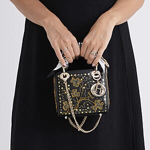 The Grand Pelle Black Genuine Leather Embroidery Flower with Sequins Crossbody Bag with Scarf