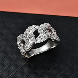 D'Joy Moissanite 2.40 ctw Cuban Band Men's Ring in Rhodium Over Sterling Silver (Size 12.0)