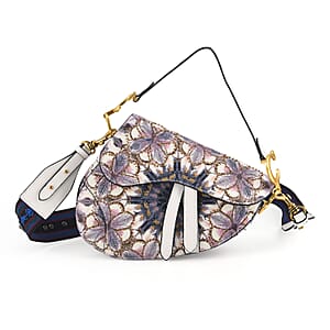 The Grand Pelle White Genuine Leather Embroidery Purple Kaleidoscope with Sequins Crossbody Bag with Scarf