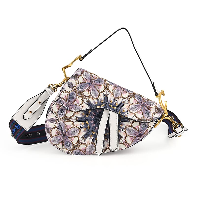 The Grand Pelle White Genuine Leather Embroidery Purple Kaleidoscope with Sequins Crossbody Bag with Scarf