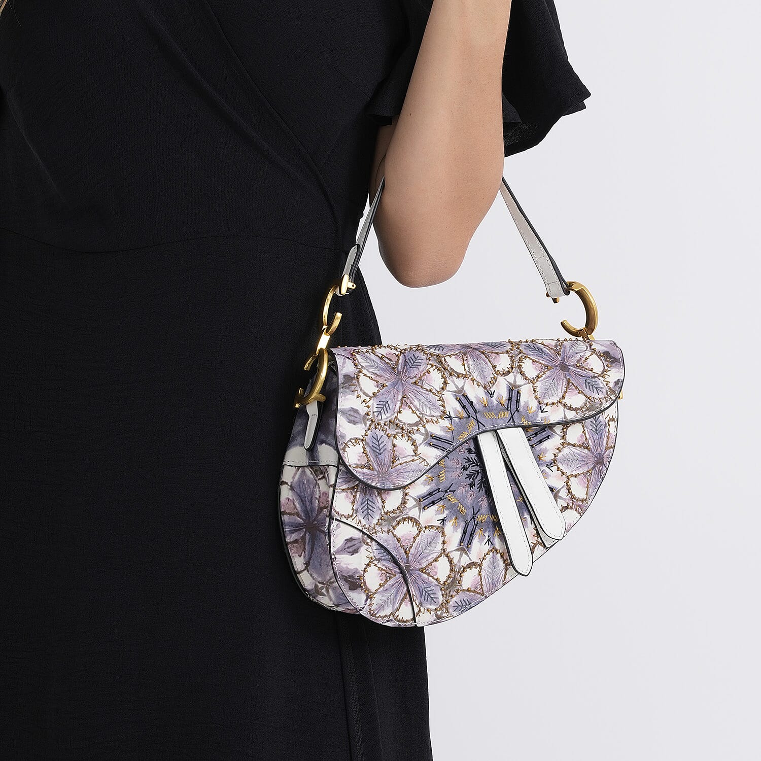 The Grand Pelle White Genuine Leather Embroidery Purple Kaleidoscope with Sequins Crossbody Bag with Scarf