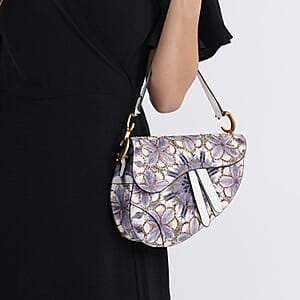 The Grand Pelle White Genuine Leather Embroidery Purple Kaleidoscope with Sequins Crossbody Bag with Scarf