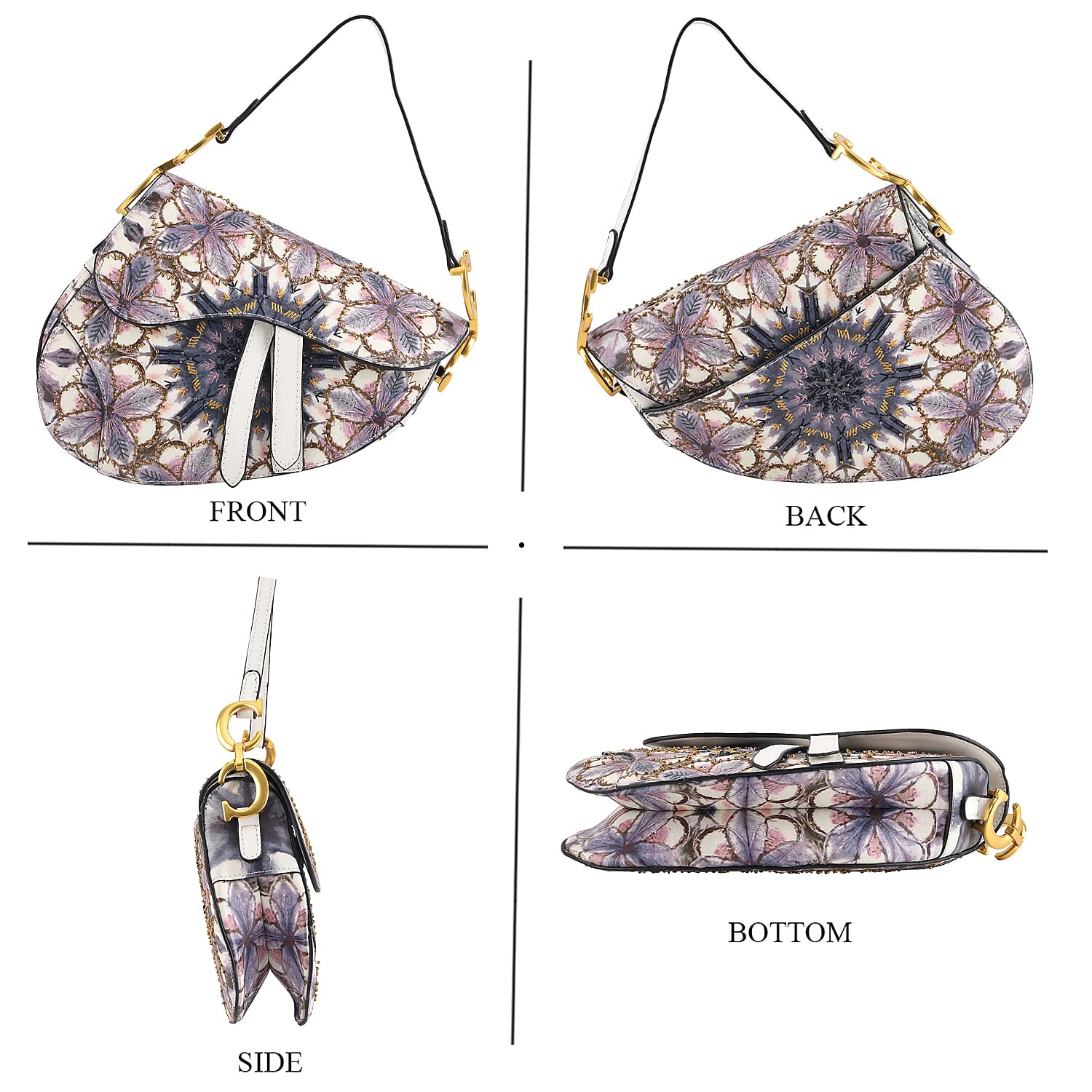 The Grand Pelle White Genuine Leather Embroidery Purple Kaleidoscope with Sequins Crossbody Bag with Scarf