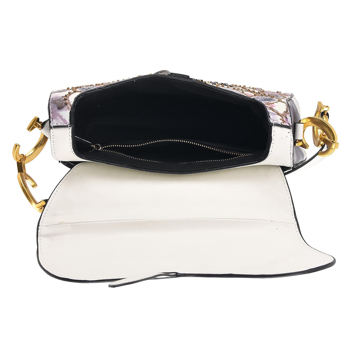 The Grand Pelle White Genuine Leather Embroidery Purple Kaleidoscope with Sequins Crossbody Bag with Scarf