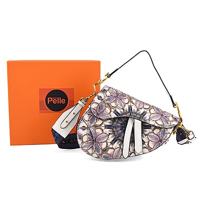 The Grand Pelle White Genuine Leather Embroidery Purple Kaleidoscope with Sequins Crossbody Bag with Scarf