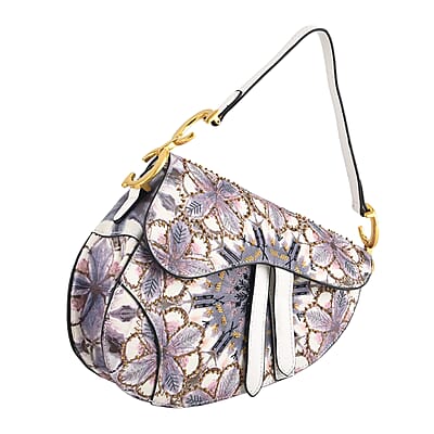 The Grand Pelle White Genuine Leather Embroidery Purple Kaleidoscope with Sequins Crossbody Bag with Scarf