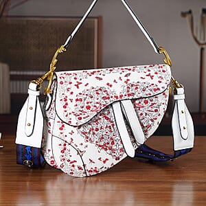 The Grand Pelle White Genuine Leather Embroidery Red Heart with Sequins Crossbody Bag with Scarf