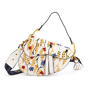 The Grand Pelle White Genuine Leather Embroidery Yellow Wheat with Sequins Crossbody Bag with Scarf