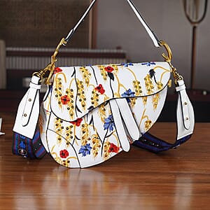 The Grand Pelle White Genuine Leather Embroidery Yellow Wheat with Sequins Crossbody Bag with Scarf