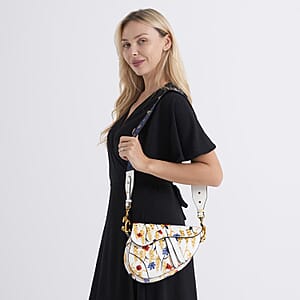 The Grand Pelle White Genuine Leather Embroidery Yellow Wheat with Sequins Crossbody Bag with Scarf