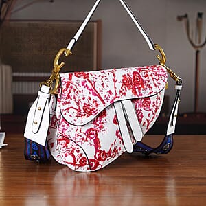 The Grand Pelle White Genuine Leather Embroidery Red Plum Blossom Crossbody Bag with Scarf