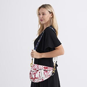 The Grand Pelle White Genuine Leather Embroidery Red Plum Blossom Crossbody Bag with Scarf