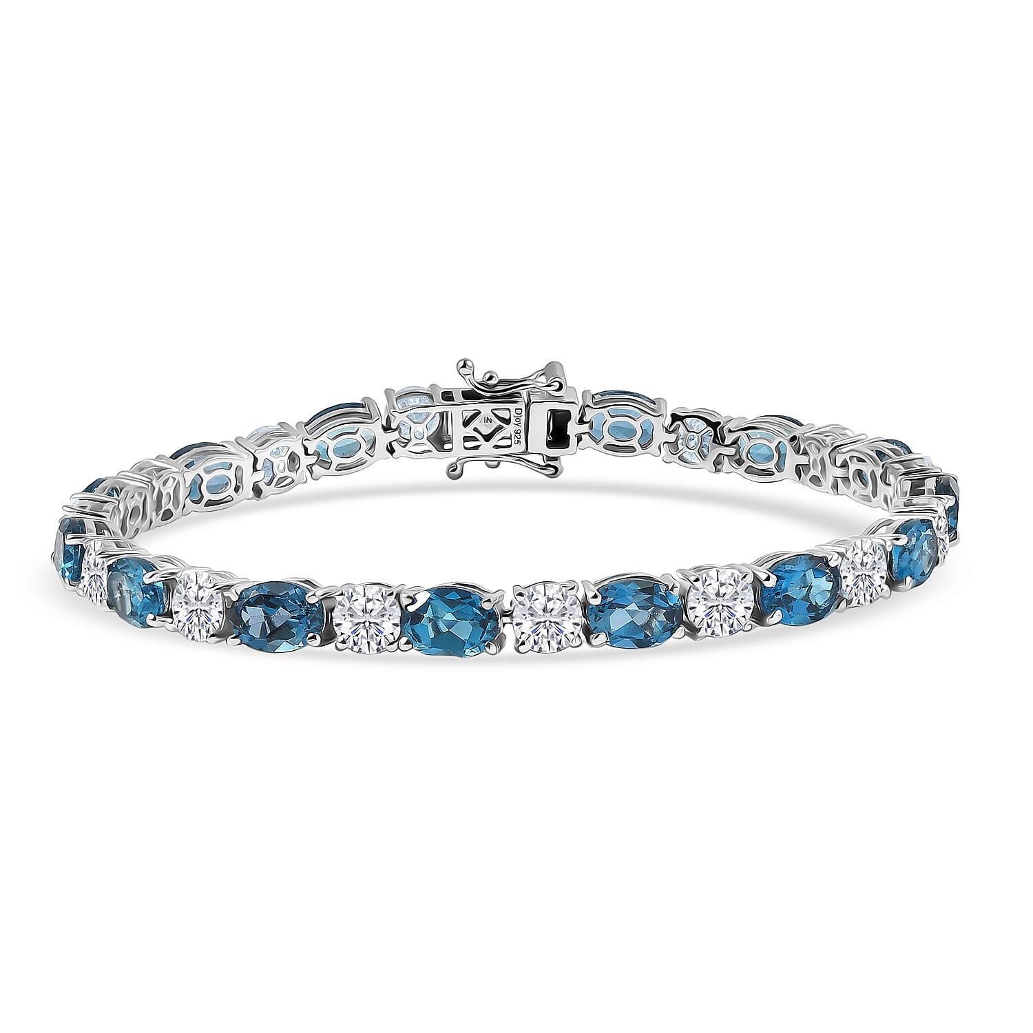 D'Joy Certified London Blue Topaz and Moissanite 19.50 ctw Bracelet in Rhodium Over Sterling Silver (7.25 In)
