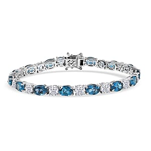 D'Joy Certified London Blue Topaz and Moissanite 19.50 ctw Bracelet in Rhodium Over Sterling Silver (7.25 In)