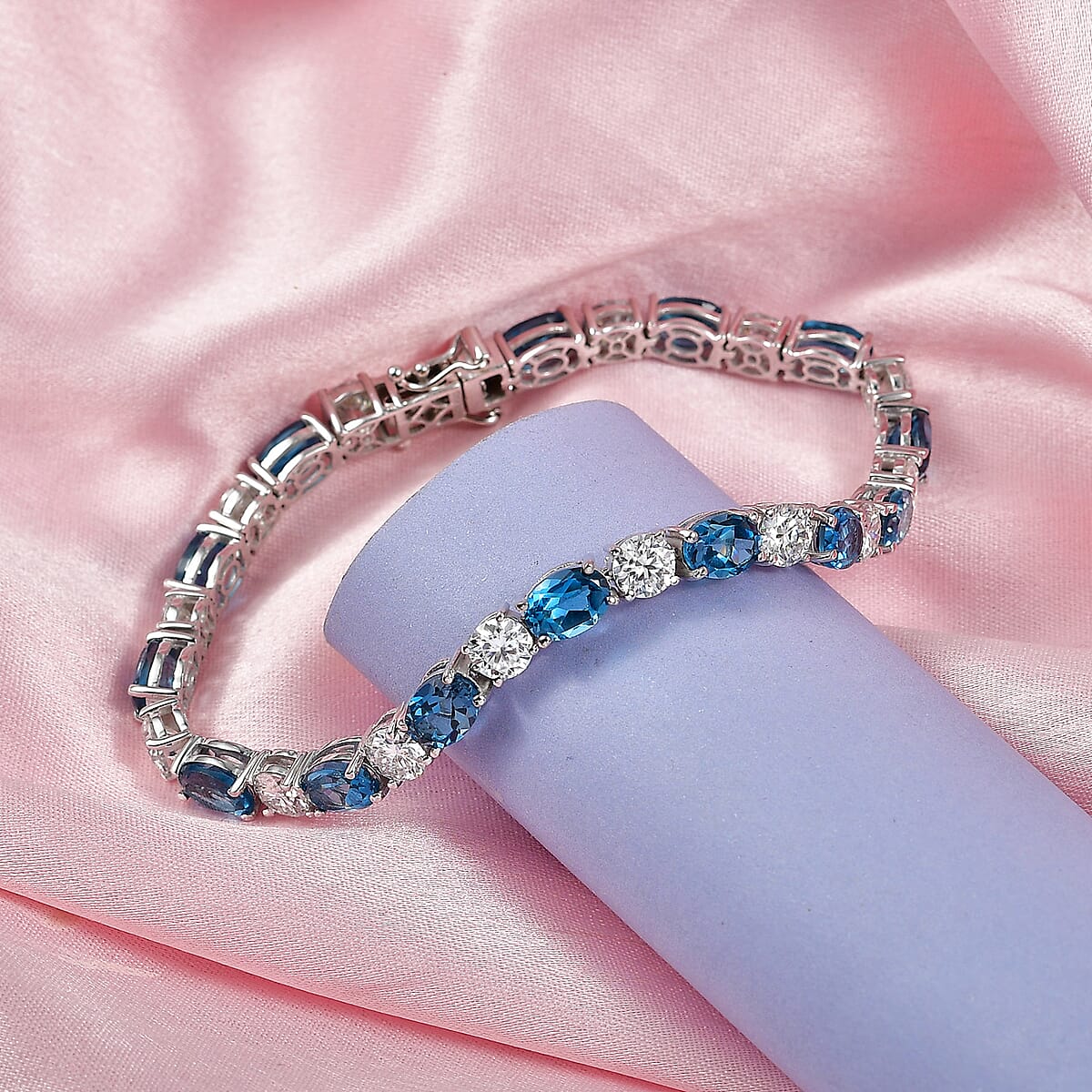 D'Joy Certified London Blue Topaz and Moissanite 19.50 ctw Bracelet in Rhodium Over Sterling Silver (7.25 In) image number 1