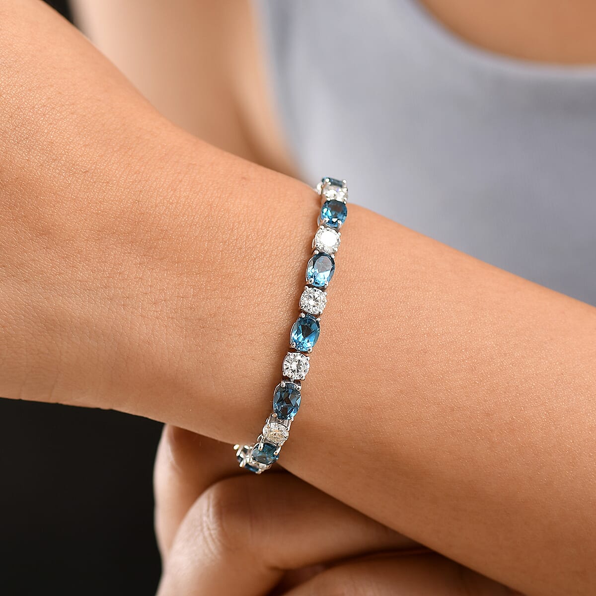 D'Joy Certified London Blue Topaz and Moissanite 19.50 ctw Bracelet in Rhodium Over Sterling Silver (7.25 In) image number 2