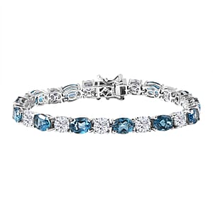 D'Joy Certified London Blue Topaz and Moissanite 17.10 ctw Bracelet in Rhodium Over Sterling Silver (6.50 In)