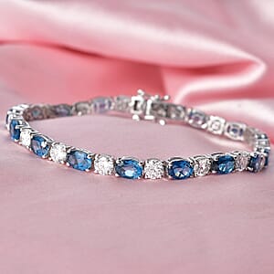 D'Joy Certified London Blue Topaz and Moissanite 17.10 ctw Bracelet in Rhodium Over Sterling Silver (6.50 In)