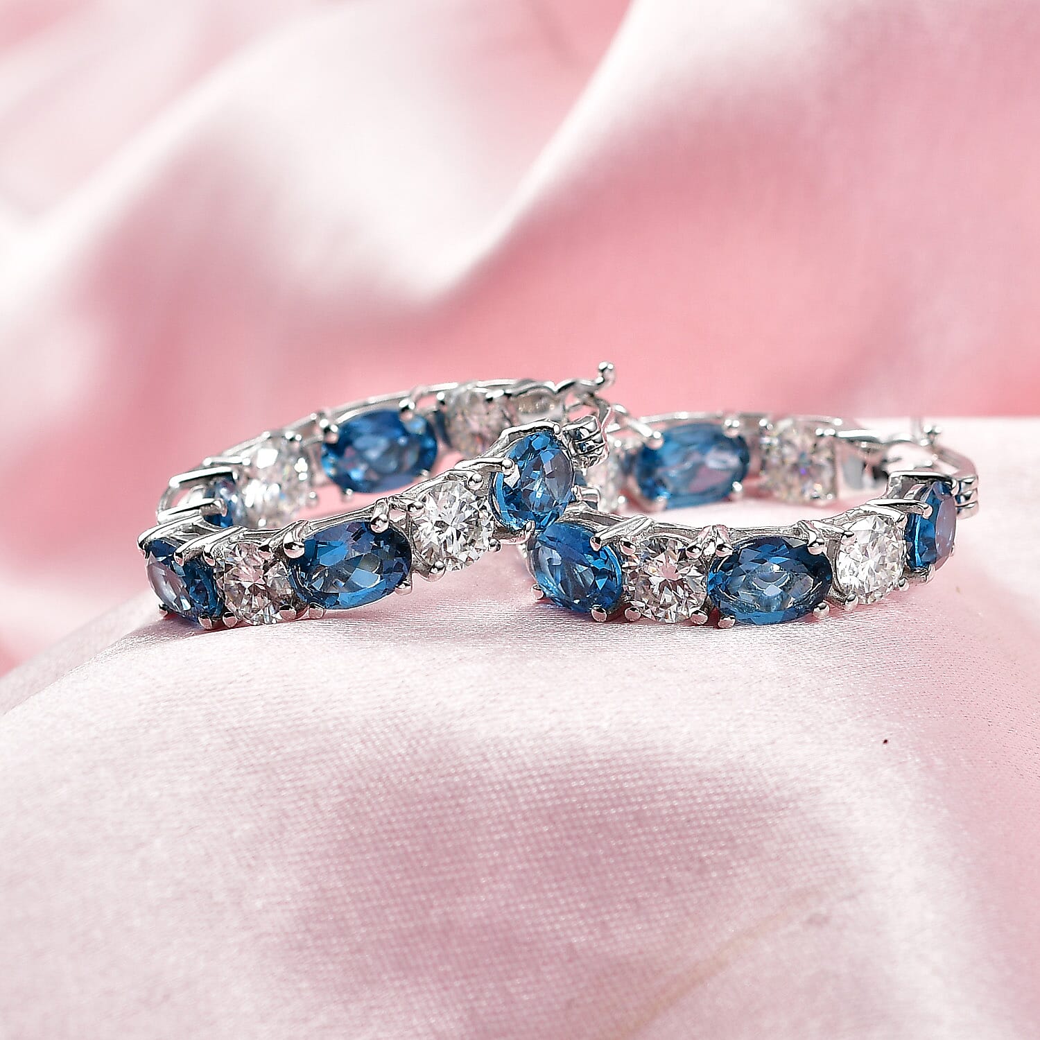 D'Joy Certified London Blue Topaz and Moissanite 13.00 ctw Earrings in Rhodium Over Sterling Silver