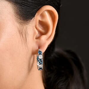 D'Joy Certified London Blue Topaz and Moissanite 13.00 ctw Earrings in Rhodium Over Sterling Silver