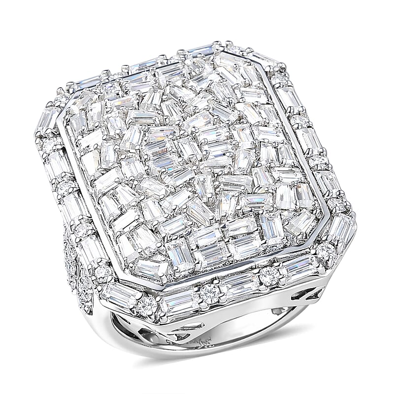 D'Joy Moissanite 3.90 ctw Shattered Mirror Ring in Rhodium Over Sterling Silver (Size 5.0)