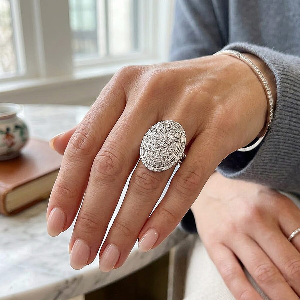 D'Joy Moissanite 3.25 ctw Ring in Rhodium Over Sterling Silver (Size 5.0) image number 2