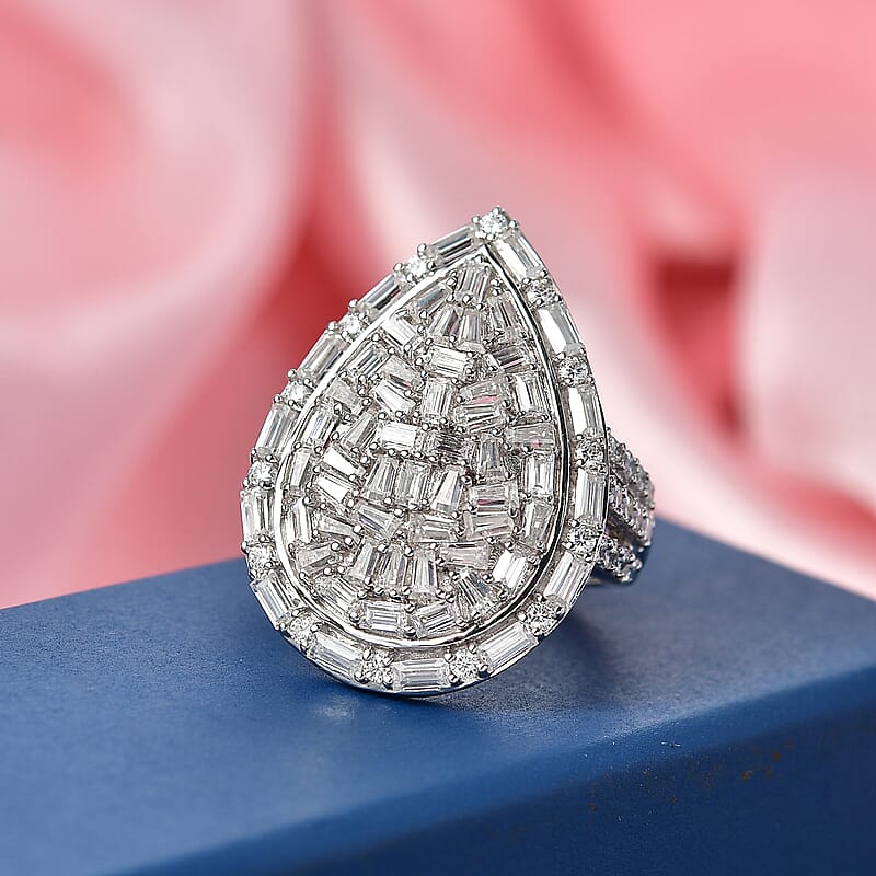 D'Joy Moissanite 2.85 ctw Shattered Mirror Ring in Rhodium Over Sterling Silver (Size 7.0)