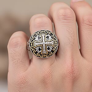 D'Joy Passport to Israel Artisan Crafted White Zircon Men's Ring in 18K YG Plated and Sterling Silver (Size 10.0) 0.30 ctw