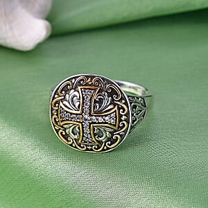 D'Joy Passport to Israel Artisan Crafted White Zircon Men's Ring in 18K YG Plated and Sterling Silver (Size 10.0) 0.30 ctw