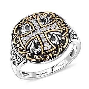 D'Joy Passport to Israel Artisan Crafted White Zircon Men's Ring in 18K YG Plated and Sterling Silver (Size 10.0) 0.30 ctw