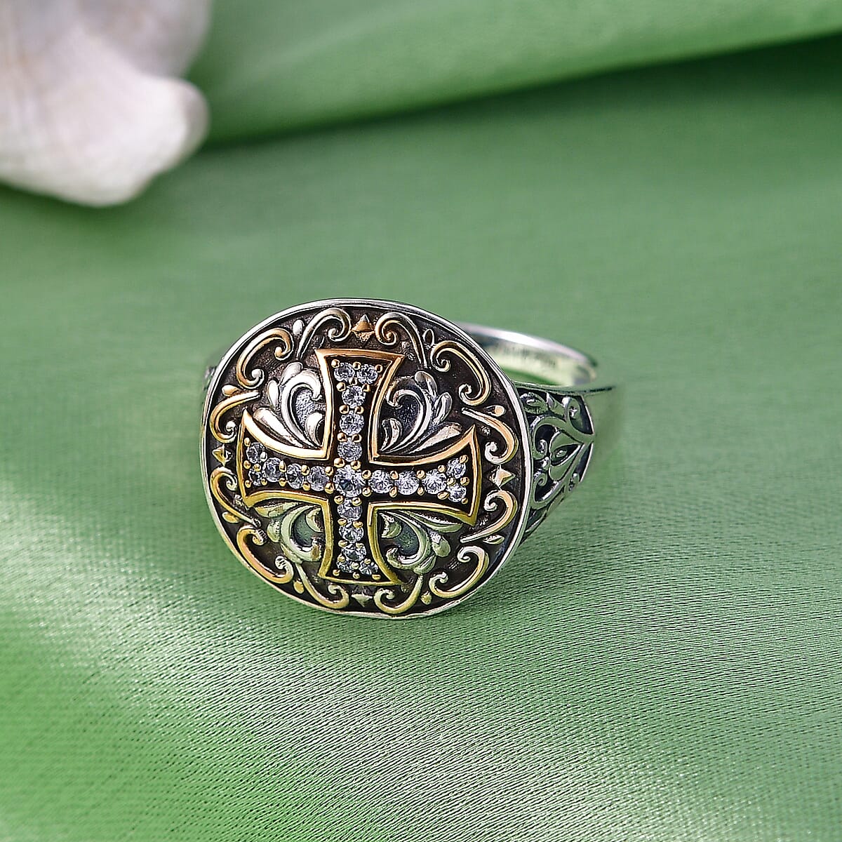 D'Joy Passport to Israel Artisan Crafted White Zircon Men's Ring in 18K YG Plated and Sterling Silver (Size 10.0) 0.30 ctw image number 1