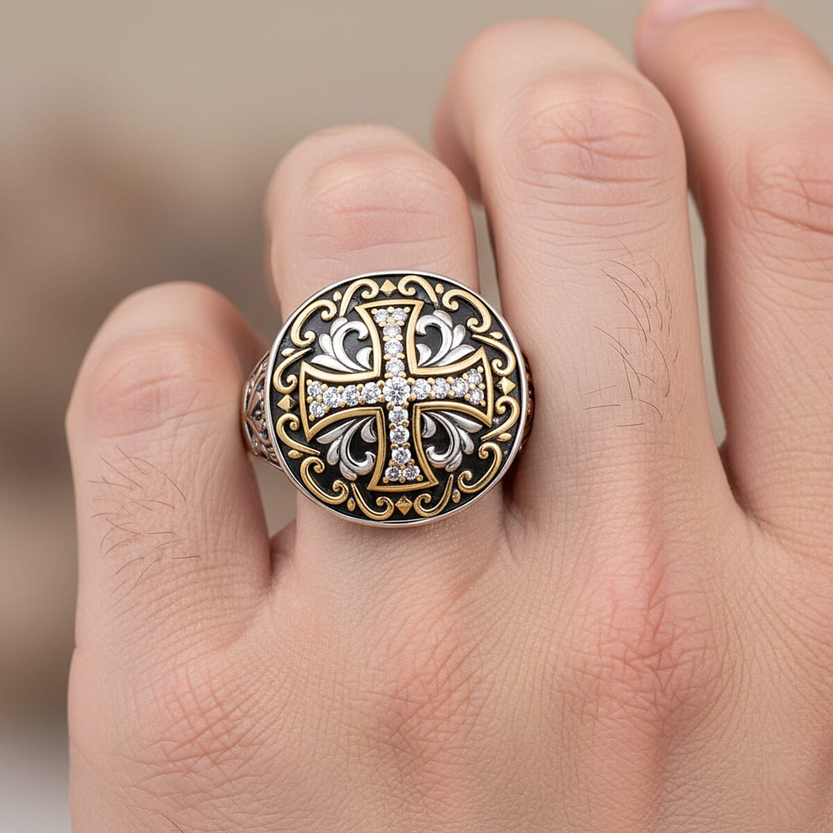 D'Joy Passport to Israel Artisan Crafted White Zircon Men's Ring in 18K YG Plated and Sterling Silver (Size 10.0) 0.30 ctw image number 2