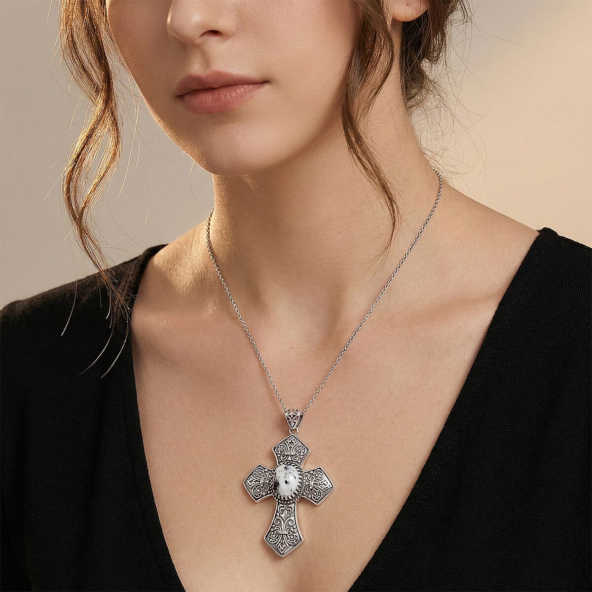 D'Joy Artisan Crafted White Buffalo 4.75 ctw Cross Pendant without Chain in Sterling Silver image number 2