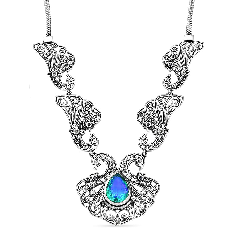 D'Joy Passport to Turkey Artisan Crafted Premium Peacock Quartz (Triplet) and Multi Sapphire 6.00 ctw Necklace in Sterling Silver 18-20 Inches