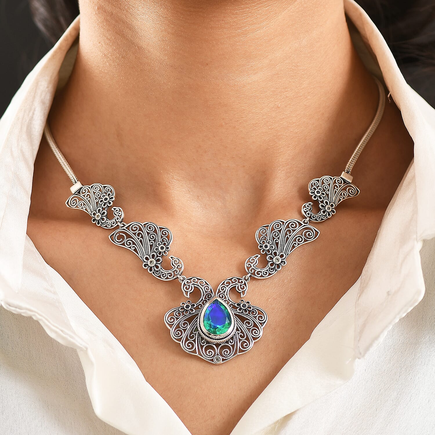 D'Joy Passport to Turkey Artisan Crafted Premium Peacock Quartz (Triplet) and Multi Sapphire 6.00 ctw Necklace in Sterling Silver 18-20 Inches