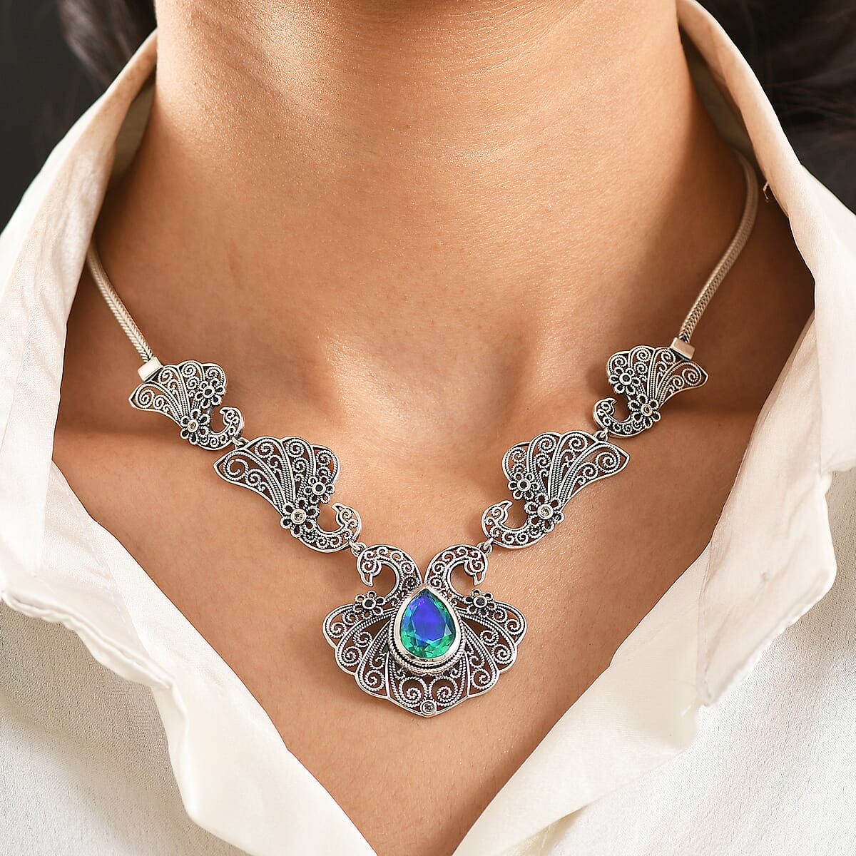 D'Joy Artisan Crafted Premium Peacock Quartz and Multi Sapphire 6.00 ctw Necklace in Sterling Silver 18-20 Inches  image number 2