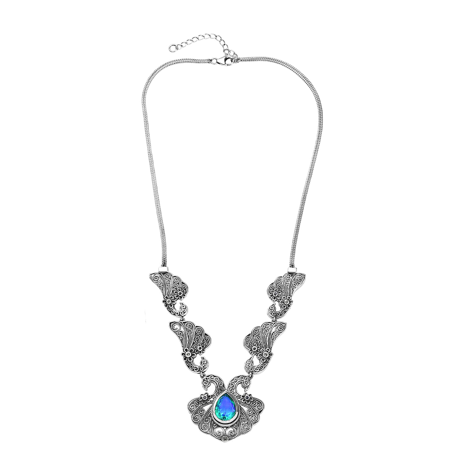 D'Joy Passport to Turkey Artisan Crafted Premium Peacock Quartz (Triplet) and Multi Sapphire 6.00 ctw Necklace in Sterling Silver 18-20 Inches