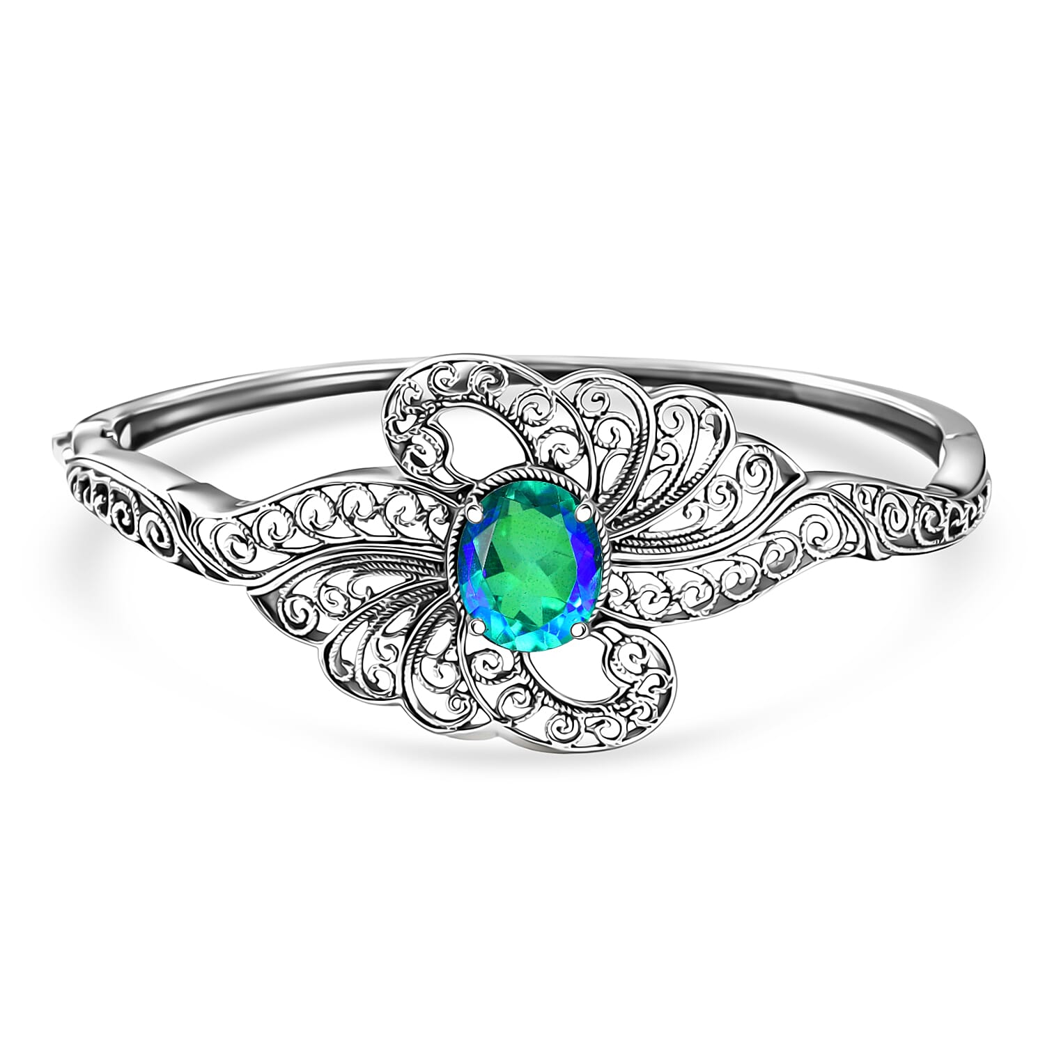 D'Joy Passport to Turkey Premium Peacock Quartz (Triplet) 5.30 ctw Bangle Bracelet in Sterling Silver (7.25 In)