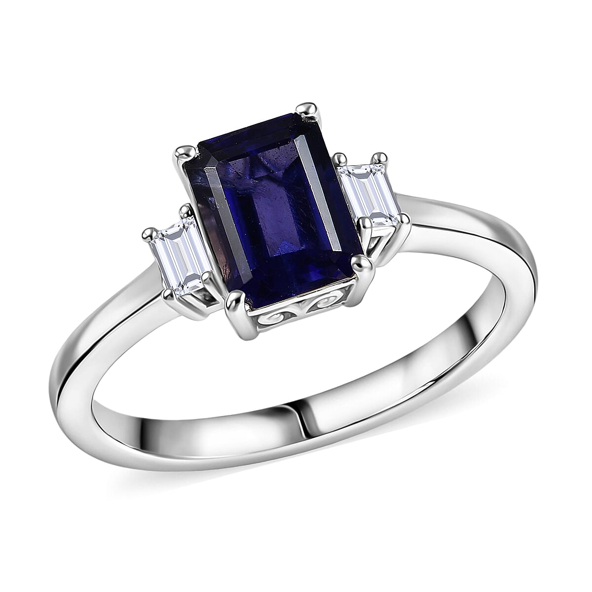 Premium Catalina Iolite, Luxuriant Lab Grown Diamond (G-H, SI) Royal Violet Elegance Ring in Rhodium Over Sterling Silver (Size 10.0) 1.50 ctw