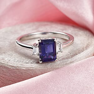 Premium Catalina Iolite and Luxuriant Lab Grown Diamond G-H SI 1.50 ctw Ring in Rhodium Over Sterling Silver (Size 7.0)