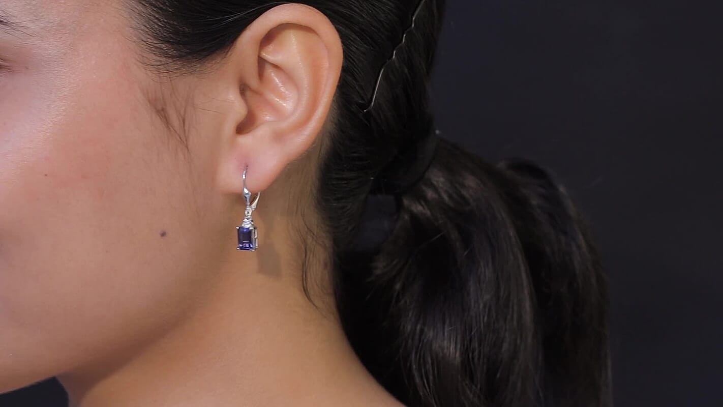 Premium Catalina Iolite and Luxuriant Lab Grown Diamond G-H SI 1.85 ctw Royal Violet Elegance Earrings in Rhodium Over Sterling Silver