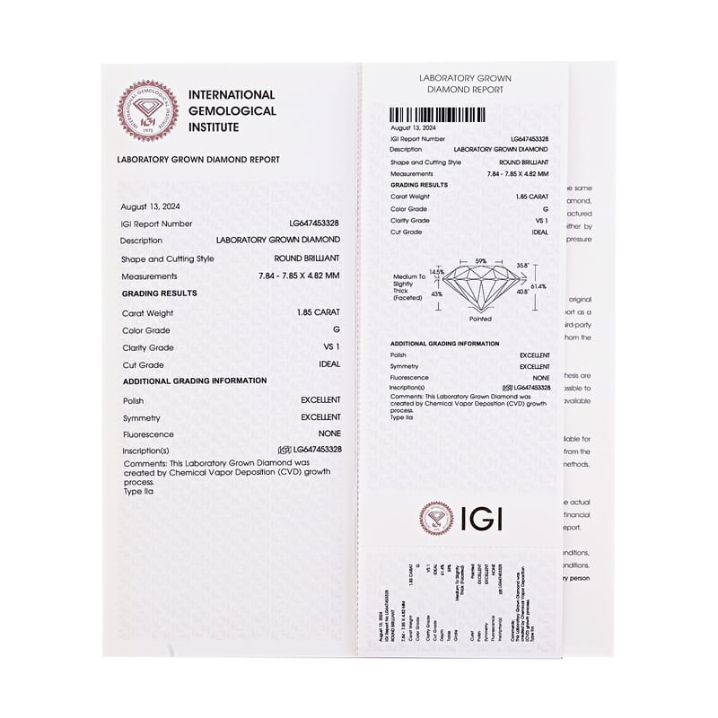 IGI Certified Luxuriant Lab Grown Diamond (Round) (G VS) 1.80 ctw