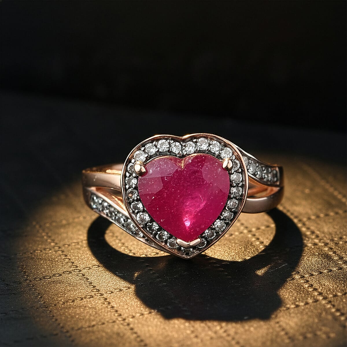 D'Joy Premium Niassa Ruby (FF), Champagne Zircon Bloodline Heart Ring in 18K Vermeil RG Over Sterling Silver (Size 10.0) 4.20 ctw image number 1